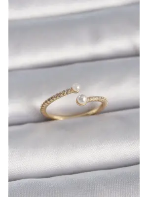  Altın Ayarlanabilir Sıralı Zirkon Taşlı İnci Detay Çelik Yüzük