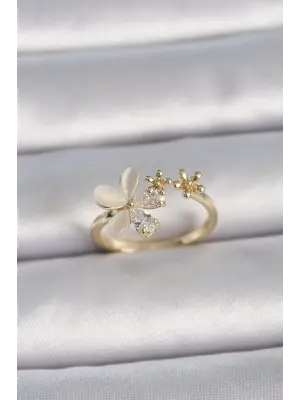  Altın Ayarlanabilir Zirkon Taşlı Beyaz Mineli Çiçek Model Çelik Yüzük