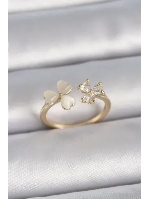 Altın Ayarlanabilir Zirkon Taşlı Kalp Beyaz Mineli Model Çelik Yüzük