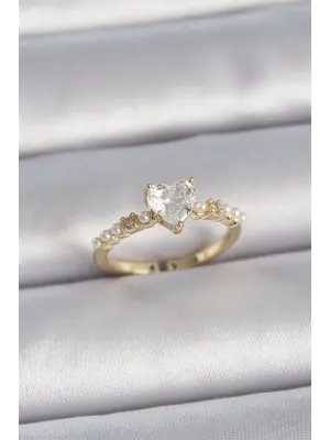  Altın Ayarlanabilir Zirkon Taşlı Kalp İnci Detay Çelik Yüzük