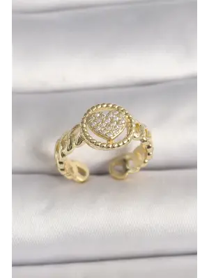  Altın Ayarlanabilir Zirkon Taşlı Kalp Model Çelik Yüzük