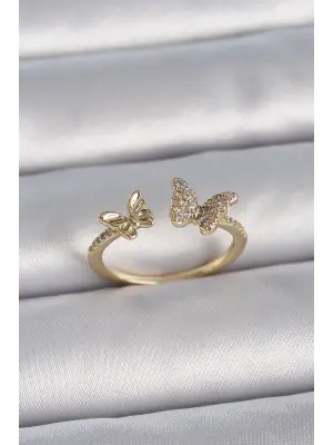  Altın Ayarlanabilir Zirkon Taşlı Kelebek Model Çelik Yüzük