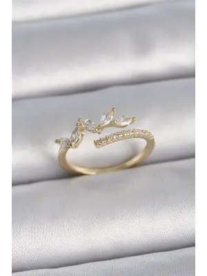  Altın Ayarlanabilir Zirkon Taşlı Yaprak Model Çelik Yüzük