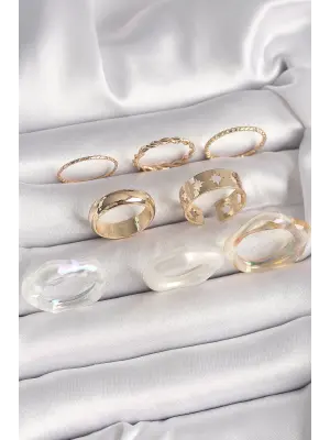 Pirinç Gold Renk Beyaz Akrilik Plastik Modek Kutup Yıldız İşleme Detay Kadın Yüzük Kombini
