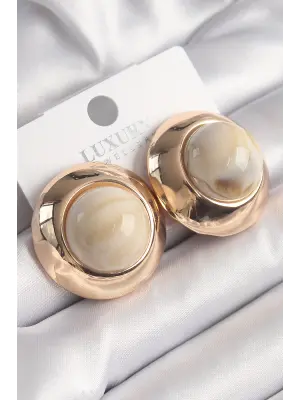  Altın Beyaz Doğal Taşlı Daire Model Vintage Çelik Küpe