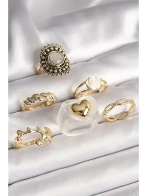  Altın Beyaz Gül Figür Kalp İşlemeli Sarmal Detay 6Lı Çelik Yüzük Seti