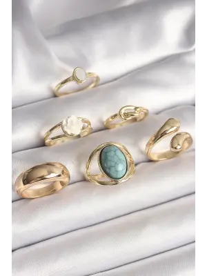  Altın Beyaz Gül Figürlü Düğüm Detay 6Lı Çelik Yüzük Seti