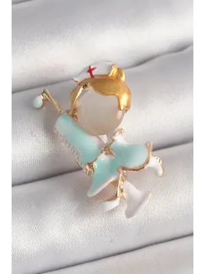 Pirinç Gold Renk Beyaz Mavi Renk Hemşire Model Şırınga Detay Kadın Broş