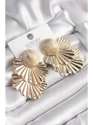  Altın Beyaz Mermer Desenli Boncuk Yaprak Model Vintage Çelik Küpe