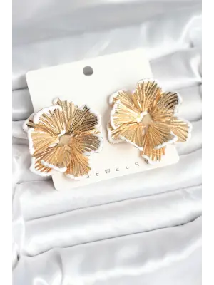 Çelik Gold Renk Beyaz Mine Detaylı Lotus Kadın Küpe