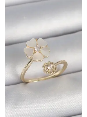 Pirinç Gold Renk Beyaz Mineli Çiçek Model Zirkon Taş Detay Kadın Yüzük