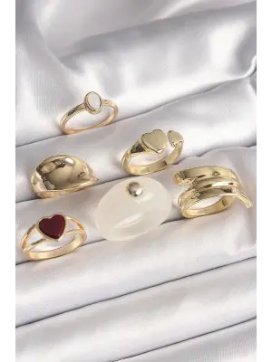  Altın Beyaz Mineli Detay Kahverengi Kalp Figür 6Lı Çelik Yüzük Seti