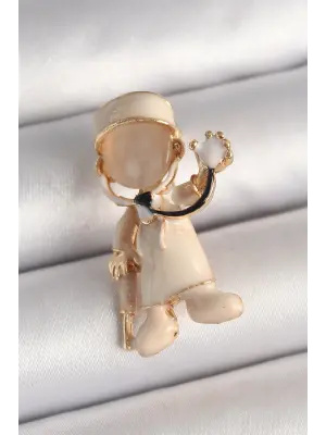 Pirinç Gold Renk Beyaz Mineli Doktor Model Kadın Broş