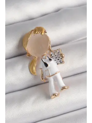 Pirinç Gold Renk Beyaz Mineli Doktor Model Kadın Broş