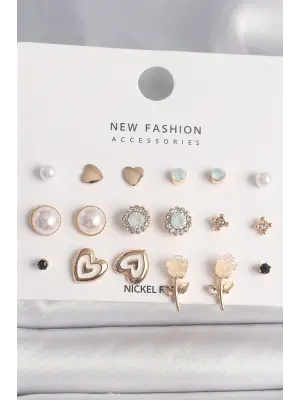  Altın Beyaz Mineli Gül Figür Zirkon Taşlı İnci Detaylı 9 Çift Çelik Küpe Seti