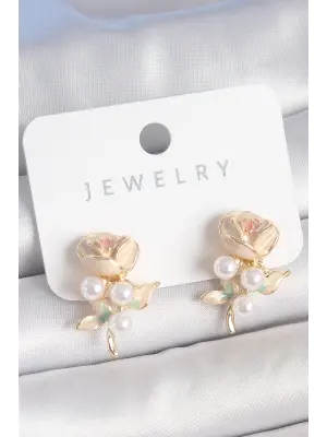 Pirinç Gold Renk Beyaz Mineli İnci Detay Gül Model Kadın Küpe