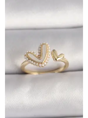  Altın Beyaz Mineli İnci Detay Kalp Model Ayaranabilir Yüzük