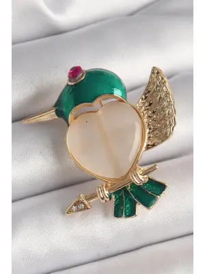 Pirinç Gold Renk Beyaz Mineli Kalp Yeşil Sinek Kuşu Model Pembe Zirkon Taş Detay Kadın Broş