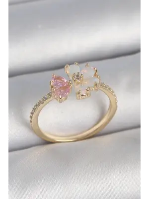 Pirinç Gold Renk Beyaz Mineli Pembe Zirkon Taşlı Çiçek Model Kadın Yüzük