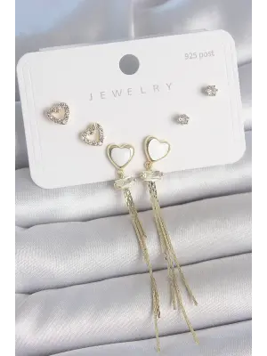 Pirinç Gold Renk Beyaz Mineli Sallantı Mineli Kalp Model Zirkon Taş Detaylı 925 Ayar Gümüş Çivi Kadın Küpe Seti