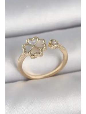 Pirinç Gold Renk Beyaz Mineli Yonca Model Zirkon Taş Detay Ayarlanabilir Kadın Yüzük