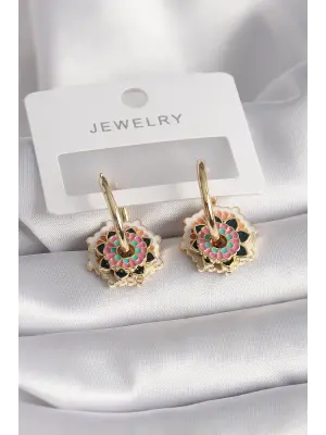  Altın Beyaz Siyahlı Renkli Motif Desenli Çelik Küpe