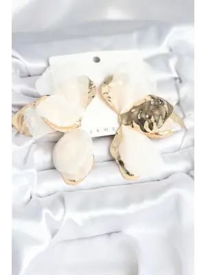 Çelik Gold Renk Beyaz Tüllü Lotus Kadın Küpe