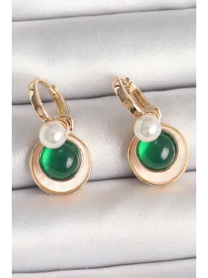 Pirinç Gold Renk Beyaz Yeşil Sallantı Mineli Kadın Küpe