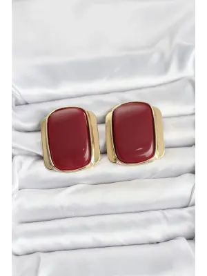 Pirinç Gold Renk Bordo Plaka Vintage Kadın Küpe