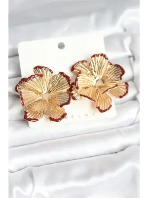 Çelik Gold Renk Bordo Renk Detaylı Lotus Kadın Küpe