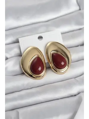 Pirinç Gold Renk Bordo Taşlı Damla Model Vintage Kadın Küpe