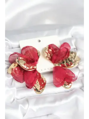 Çelik Gold Renk Bordo Tüllü Lotus Kadın Küpe