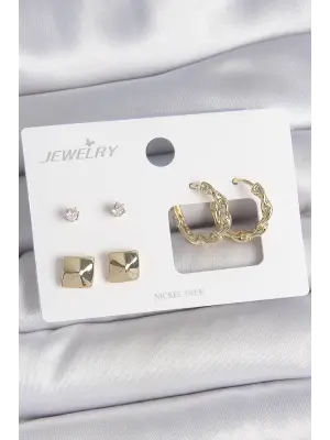 Pirinç Gold Renk Burgu Halka Model Zirkon Taşlı Kare Detay 3 Çift Kadın Küpe Seti