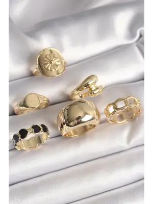  Altın Çiçek İşlemeli Siyah Kalpli Model 6Lı Çelik Yüzük Seti