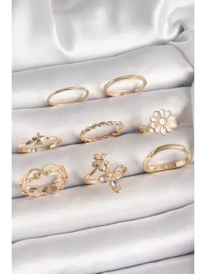 Pirinç Gold Renk Çiçek Model Zirkon Taş Detay Kadın Yüzük Kombini