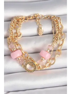 Pirinç Gold Renk Çoklu Pembe Taşlı Kadın Bileklik