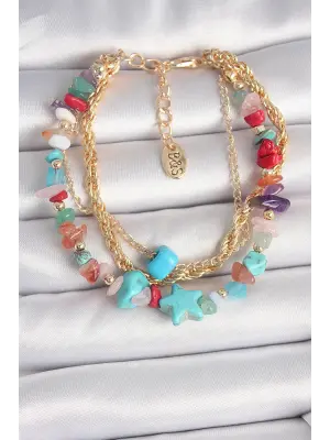 Pirinç Gold Renk Çoklu Renkli Çakıl Taşı Model Yıldız Figür Kadın Bileklik