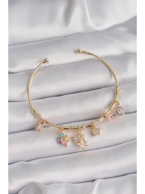 Pirinç Gold Renk Çoklu Sallantı Zirkon Taşlı Yıldız Figür Charm Bileklik