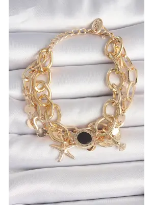 Pirinç Gold Renk Çoklu Zincir Model Deniz Yıldız Figür Kadın Bileklik