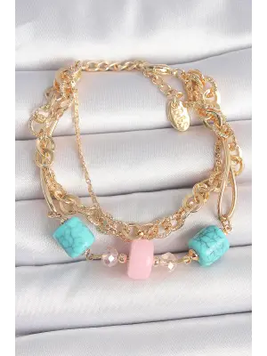 Pirinç Gold Renk Çoklu Zincir Model Mavi Taş Figürlü Kadın Bileklik