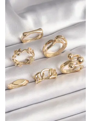  Altın Dal İşlemeli Yüzük Topçuk Detay 6Lı Çelik Yüzük Seti