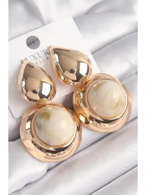  Altın Damla Model Beyaz Zirkon Taşlı Vintage Çelik Küpe