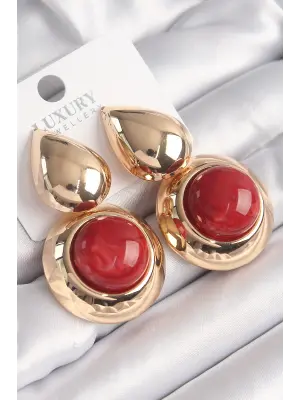  Altın Damla Model Kırmızı Doğal Taşlı Vintage Çelik Küpe