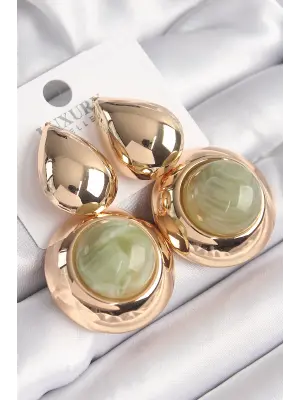  Altın Damla Model Su Yeşili Doğal Taşlı Vintage Çelik Küpe