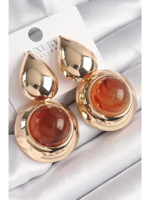  Altın Damla Model Turuncu Doğal Taşlı Vintage Çelik Küpe