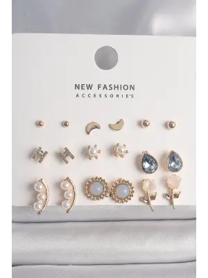  Altın Damla Zirkon Taşlı İnci Detay 9 Çift Çelik Küpe Seti