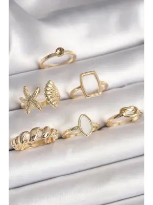  Altın Deniz Kabuğu Figür Sarmal Model Beyaz Mine Detay 6Lı Çelik Yüzük Seti