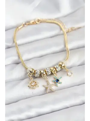 Çelik Gold Renk Deniz Tema Charmlı Kadın Bileklik