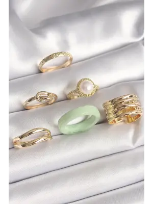  Altın Düğüm Model İncili İşlemeli Plaka Model 6Lı Çelik Yüzük Seti