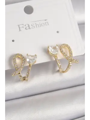  Altın Düğüm Model Zirkon Taşlı Kalp Detay Çelik Küpe